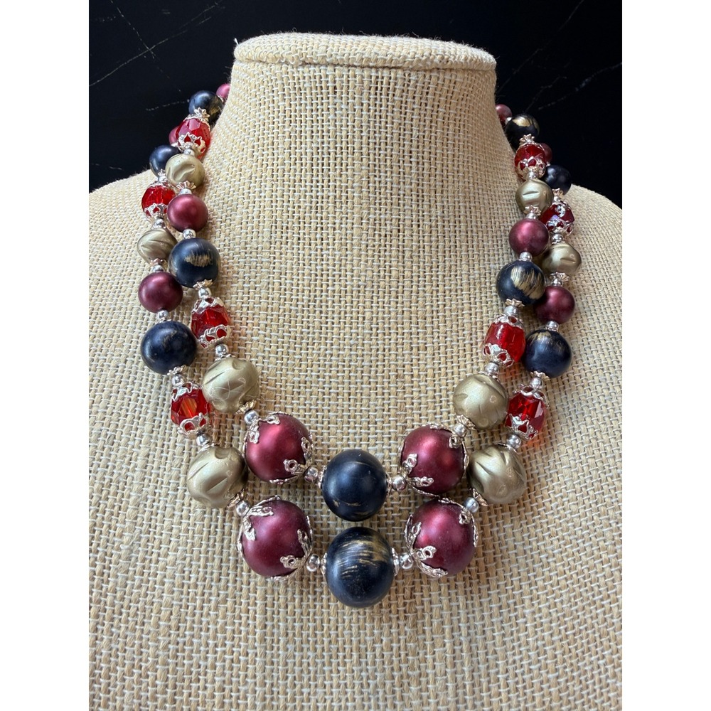 Vintage Japan Double Strand Faux Pearl Bead Necklace Burgundy Gold Navy Red